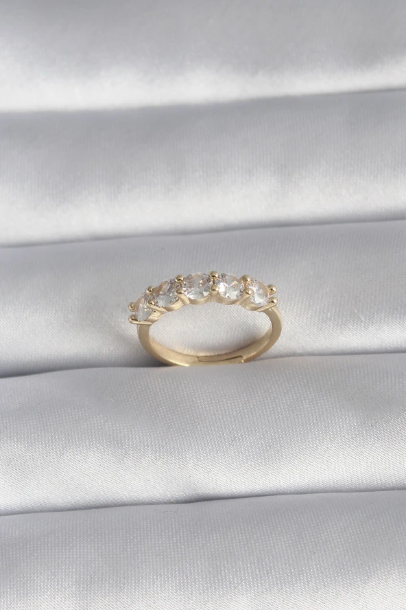 Pirinç Gold Renk Zirkon Taşlı 5 Taş Model Kadın Yüzük - TJ-BYK3017 ürün görseli 1