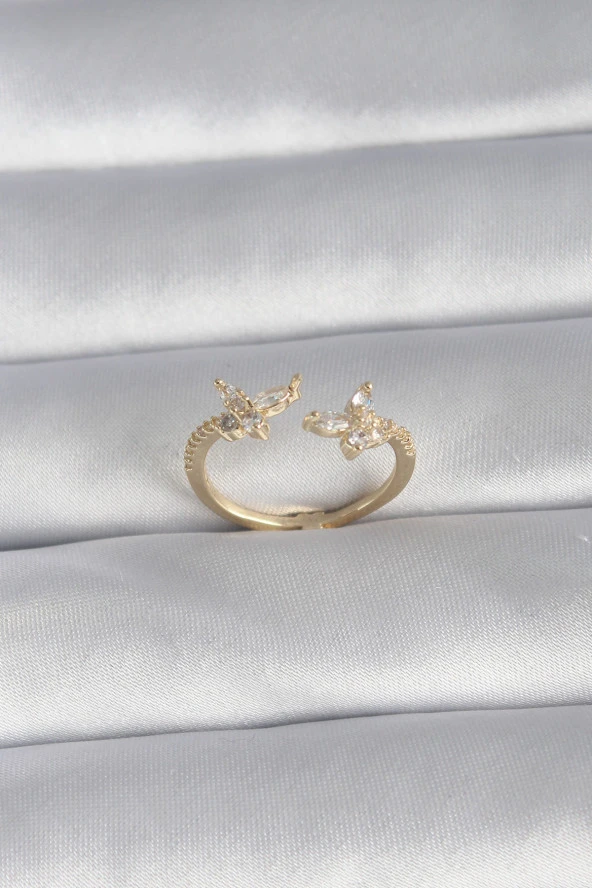 Pirinç Gold Renk Zirkon Taşlı Kelebek Model Kadın Yüzük - TJ-BYK3008 ürün görseli 1