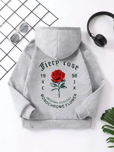 Çocuk Unisex Kapüşonlu Ön ve Arka Fiery Rose Baskılı Sweatshirt - Gri