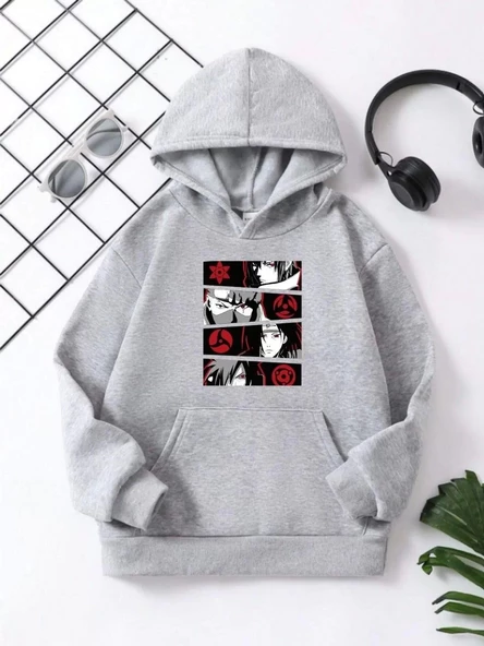 Çocuk Unisex Kapüşonlu Anime Baskılı Sweatshirt - Gri