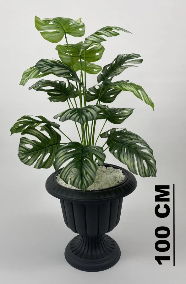BİÇİÇEK   YAPAY ÇİÇEK SALON BİTKİSİ MONSTERA DEVE TABANI ANTRASİT RENK NERGİS SAKSIDA - 1