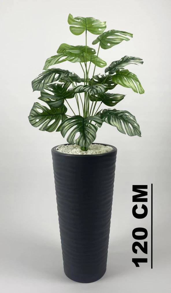 BİÇİÇEK   YAPAY ÇİÇEK SALON BİTKİSİ MONSTERA DEVE TABANI ANTRASİT RENK KUMSAL SAKSIDA - 1