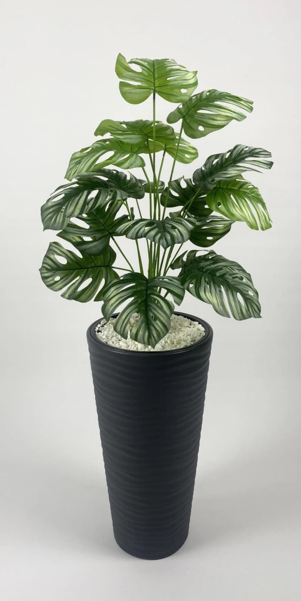 BİÇİÇEK   YAPAY ÇİÇEK SALON BİTKİSİ MONSTERA DEVE TABANI ANTRASİT RENK KUMSAL SAKSIDA - 2