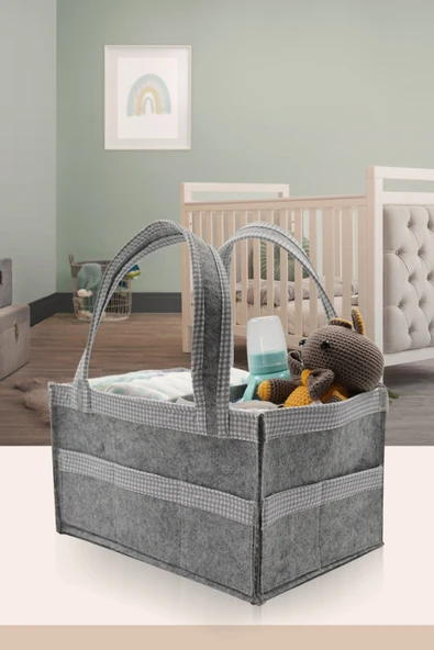 Jasper Kare Şeritli Gri Keçe Anne Bebek Bakım Çantası Organizer