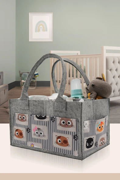 Jasper Kedi Figürlü Desenli  Gri Keçe Anne Bebek Bakım Çantası Organizer - 3