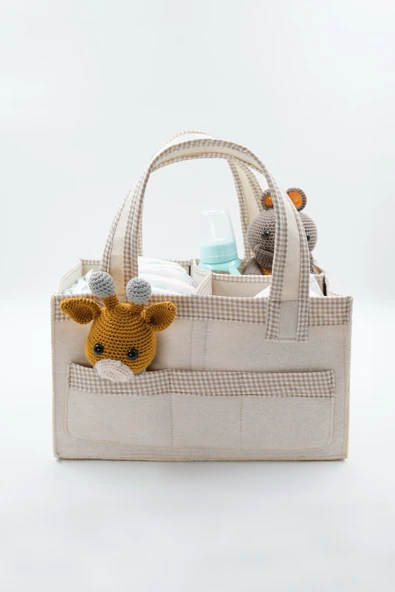 Jasper Kare Şeritli Bej Keçe Anne Bebek Bakım Çantası Organizer - Resim 3