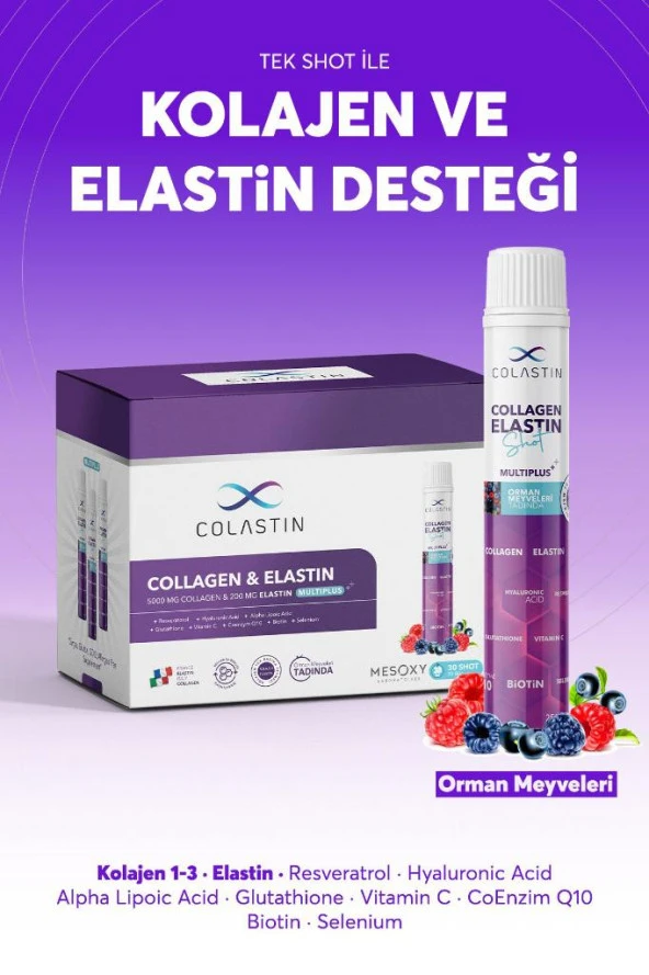 Colastin Multi Plus 30 Shot · 5000 Mg Kolajen ve 200 Mg Elastin · Saç, Cilt, Tırnak ve Vücut · Orman Meyveleri