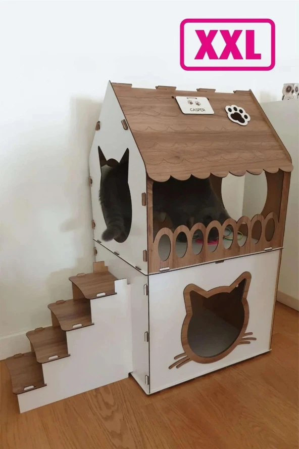 Büyük Kedi Evi Xxl Teraslı Kedi Evi 5kg Ve Üzeri Kediler Için XXL Kahve - Beyaz