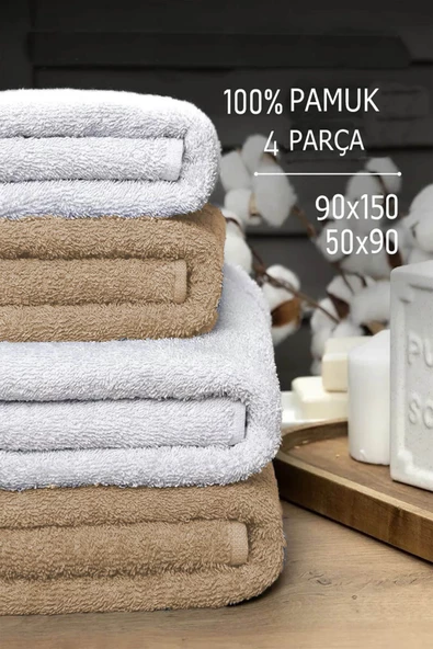 4 lü Banyo Havlusu Takımı Soft Büyük Havlulu Pamuklu Havlu Seti 90X150 Cm Beyaz - 3