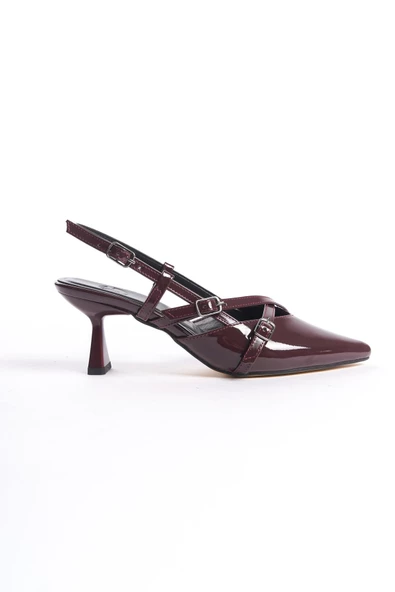 İkparS Mary Jane Bordo Rugan İki Bantlı Stiletto Sivri Kısa Topuklu Ayakkabı - 4
