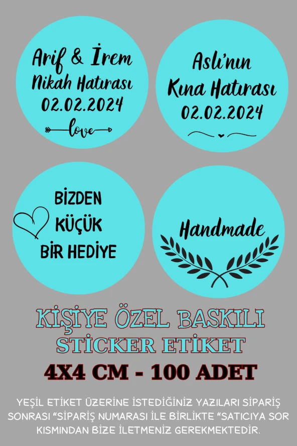 Kişiye Özel Sticker - Kına Etiketi - Nikah Sticker -  Handmade Sticker -100 Adet (Yeşil)