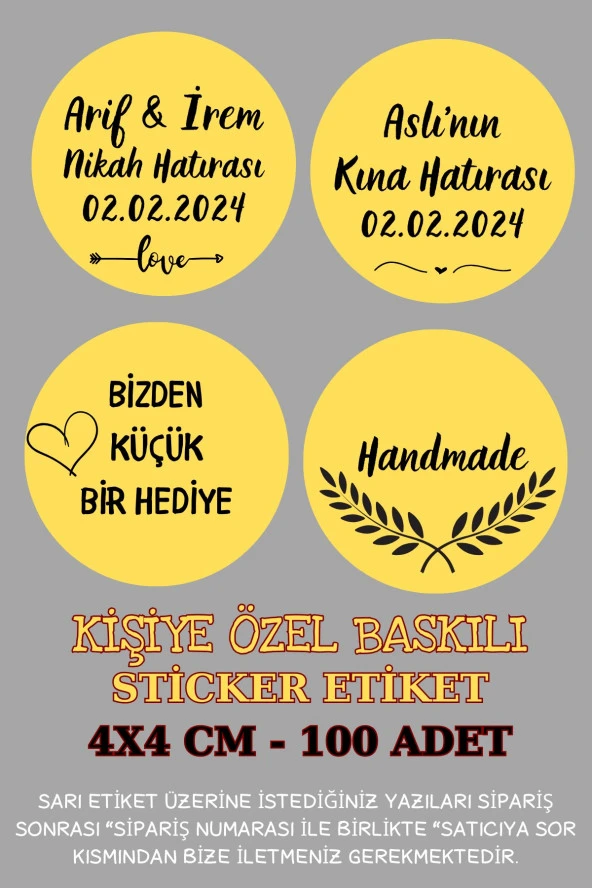 Kişiye Özel Sticker - Kına Etiketi - Nikah Sticker -  Handmade Sticker -100 Adet (Sarı)