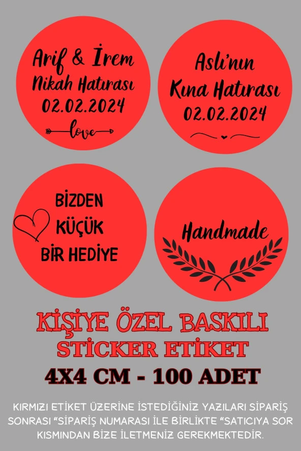 Kişiye Özel Sticker - Kına Etiketi - Nikah Sticker -  Handmade Sticker -100 Adet (Kırmızı)