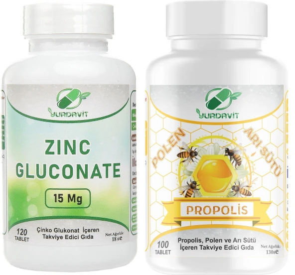 Yurdavit Çinko Glukonat Zinc Gluconate 120 Tablet Propolis Polen Arı Sütü 100 Tablet