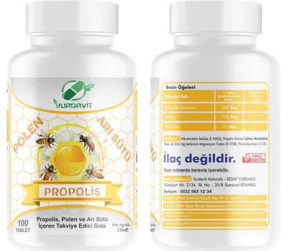 Yurdavit Çinko Glukonat Zinc Gluconate 120 Tablet Propolis Polen Arı Sütü 100 Tablet - 3