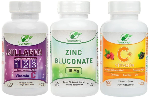Yurdavit Collagen 100 Tb Zinc Gluconate Çinko Glukonat 120 Tb Yurdavit Vitamin C 1000 Mg 100 Tablet