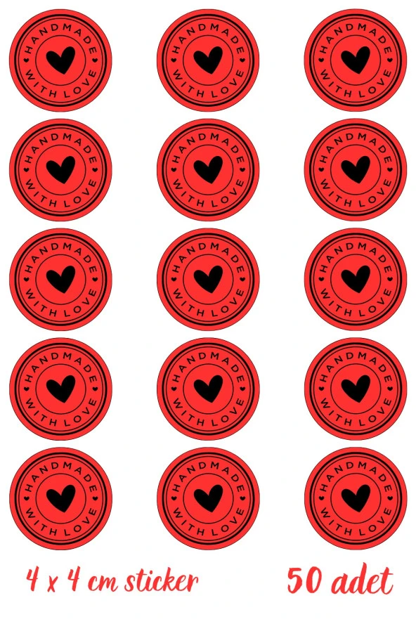 50 Adet Yuvarlak Handmade Kalpli Sticker 4x4cm - Paketleme Sticker - Ambalaj Etiket