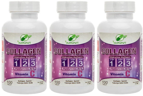 Yurdavit Collagen Type 1-2-3 900 Mg Hyaluronic Acid Vitamin C 3x100 Tablet