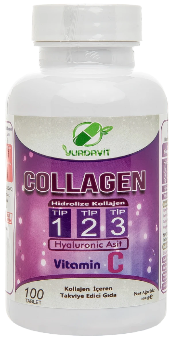 Yurdavit Hidrolize Collagen Kolajen Type Tip 1-2-3 Hyaluronic Acid Vitamin C 100 Tablet