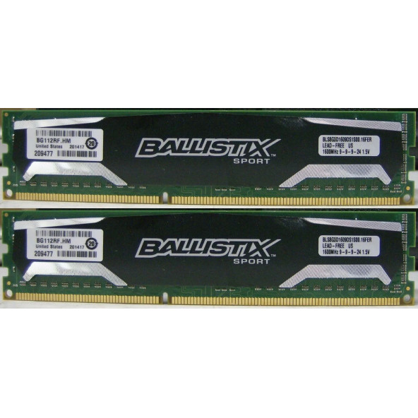 Crucial Ballistix Sport 16GB (8GBX2) DDR3 1600MHz RAM BLS8G3D1609DS1S00.16FND CL9 1.5v MASAÜSTÜ RAM BELLEK