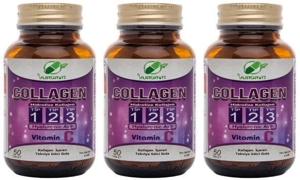 Yurdavit Hidrolize Collagen Kolajen Type Tip 1-2-3 Hyaluronic Acid Vitamin C 3x50 Tablet