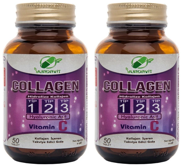 Yurdavit Hidrolize Collagen Kolajen Type Tip 1-2-3 Hyaluronic Acid Vitamin C 2x50 Tablet