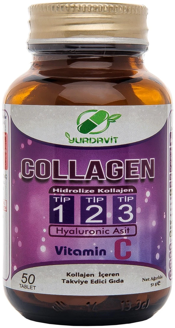 Yurdavit Hidrolize Collagen Kolajen Type Tip 1-2-3 Hyaluronic Acid Vitamin C 50 Tablet