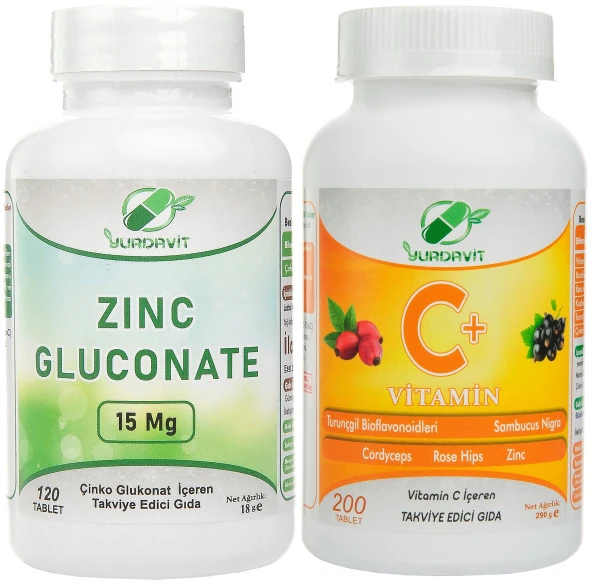 Yurdavit Zinc Gluconate Çinko Glukonat 120 Tablet Vitamin C 1000 Mg C Vitamini Kuşburnu 200 Tablet