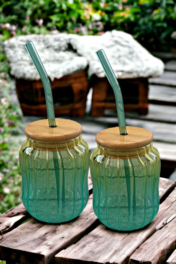 2'li Emerald Bambu Kapaklı Pipetli Cam Bardak Isıya Dayanıklı New Still Kokteyl Kahve Sunum Bardağı