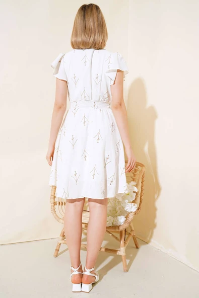 Beli Gipeli Çiçekli Elbise Ekru Kahve - 3