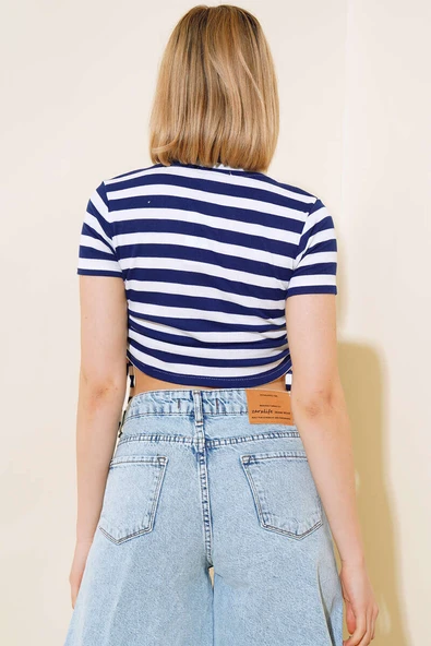 Çizgili Kaşkorse Crop Lacivert - Resim 3