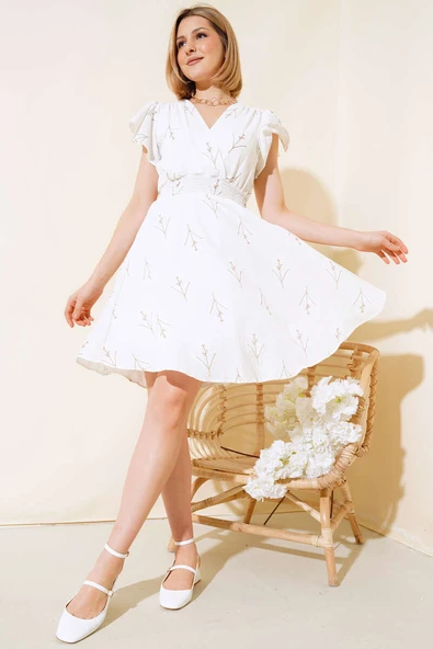 Beli Gipeli Çiçekli Elbise Ekru Kahve - 2