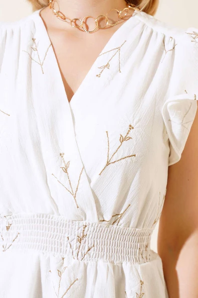 Beli Gipeli Çiçekli Elbise Ekru Kahve - 4