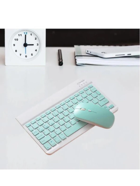 Lenovo Tab M10 Plus ZAAS0334TR 10.61" Uyumlu Kablosuz Bluetooth Şarjlı Mini Q Klavye Mouse - Mavi
