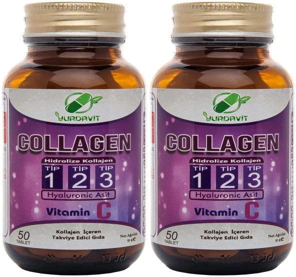 Yurdavit Hidrolize Collagen 900 Mg Type (Tip) 1-2-3 Hyaluronic Acid Vitamin C 2x50 Tablet