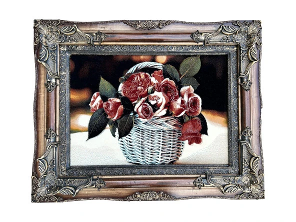 Sepetteki Gül Adlı İran Tebriz Halı Tablo 95x75cm - Duvar Halı Kilim Tablo