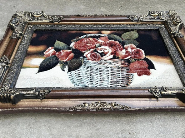 Sepetteki Gül Adlı İran Tebriz Halı Tablo 95x75cm - Duvar Halı Kilim Tablo - 6