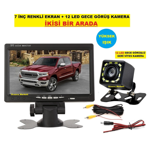 7 Inç Ekran + 12 LED (Yüksek Işık) Gece Görüş Geri Vites Kamera Ikisi Bir Arada