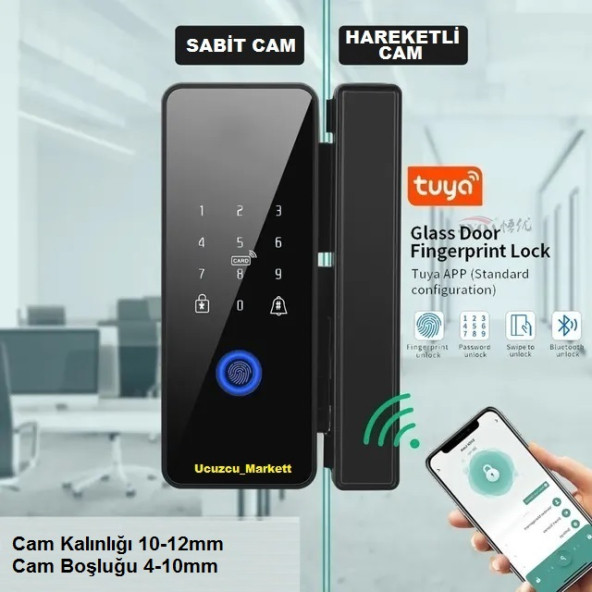 Akıllı Cam Kapı Kilidi (Parmak Izi + Şifre + Kart + Bluetooth Ile Açma)