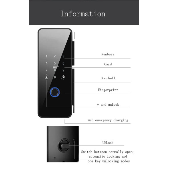 Akıllı Cam Kapı Kilidi (Parmak Izi + Şifre + Kart + Bluetooth Ile Açma) - 4