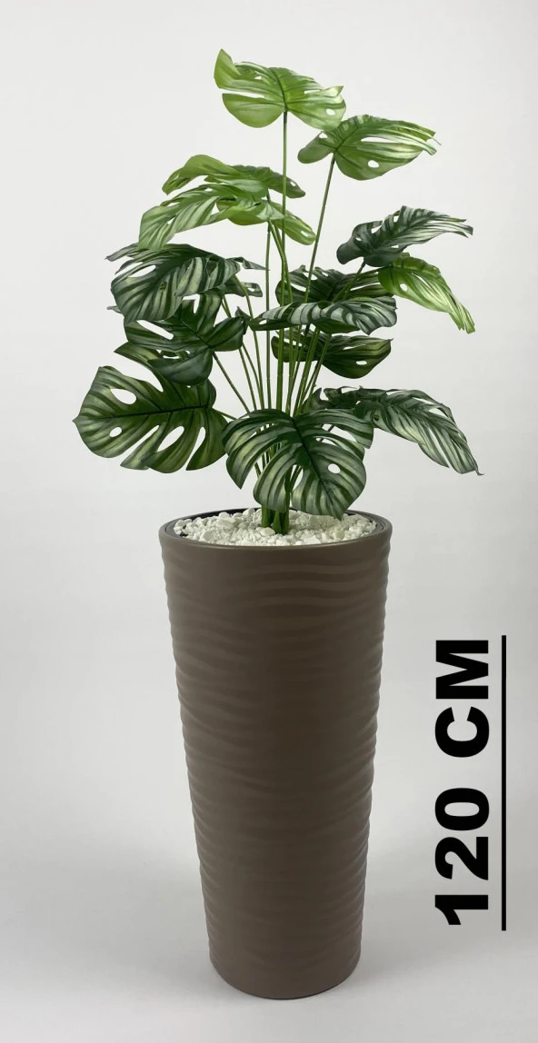 BİÇİÇEK YAPAY ÇİÇEK SALON BİTKİSİ MONSTERA DEVE TABANI BEJ RENK KUMSAL SAKSIDA