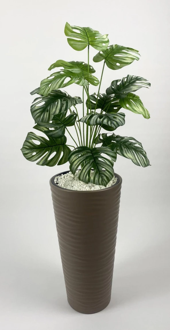 BİÇİÇEK YAPAY ÇİÇEK SALON BİTKİSİ MONSTERA DEVE TABANI BEJ RENK KUMSAL SAKSIDA - 2