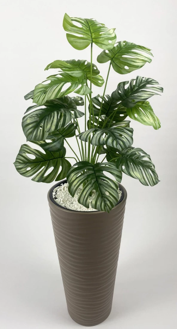 BİÇİÇEK YAPAY ÇİÇEK SALON BİTKİSİ MONSTERA DEVE TABANI BEJ RENK KUMSAL SAKSIDA - 3