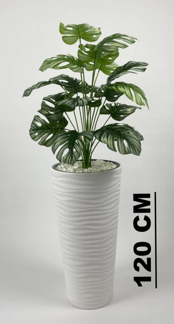 BİÇİÇEK YAPAY ÇİÇEK SALON BİTKİSİ MONSTERA DEVE TABANI BEYAZ RENK KUMSAL SAKSIDA