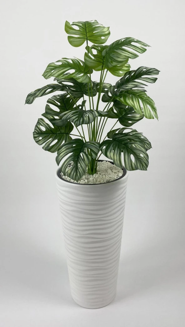 BİÇİÇEK YAPAY ÇİÇEK SALON BİTKİSİ MONSTERA DEVE TABANI BEYAZ RENK KUMSAL SAKSIDA - 2