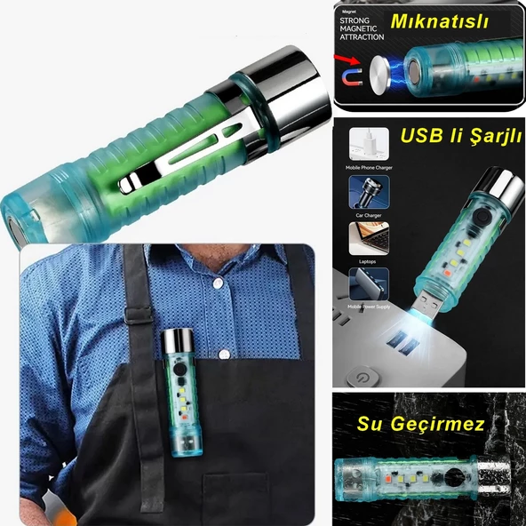 Led Usb Şarjlı Ultra Güçlü El Feneri Su Geçirmez Flaşörlü Kırmızı Işıklı Mıknatıslı Kamp Feneri