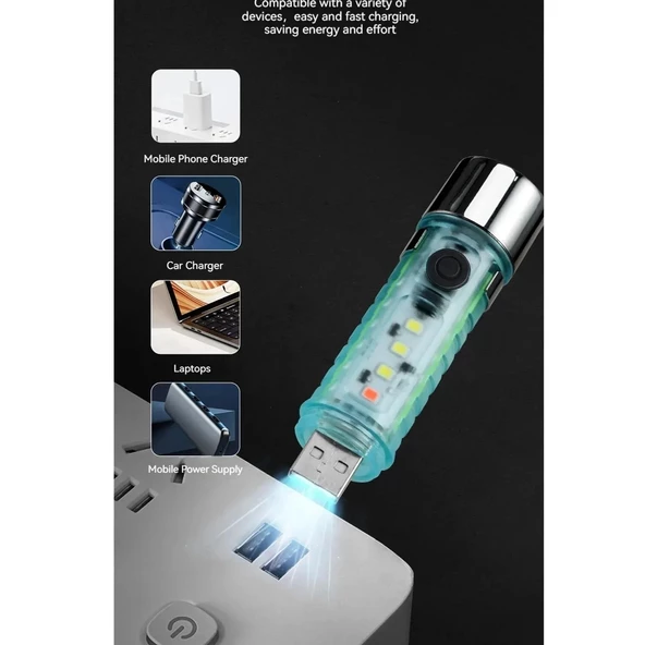 Led Usb Şarjlı Ultra Güçlü El Feneri Su Geçirmez Flaşörlü Kırmızı Işıklı Mıknatıslı Kamp Feneri - 3