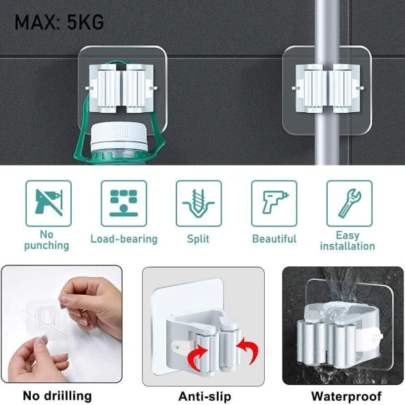 3B Trend 4 Adet Süpürge Mop Tutucu Duvar Kendinden Yapışkanlı - 5