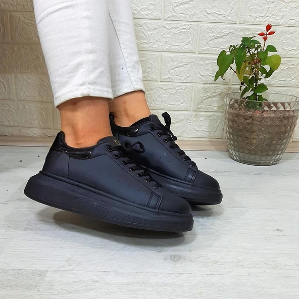 Bestof 150 Siyah-Siyah Fuspetli Sneaker Düz Taban Spor Ayakkabı - 6