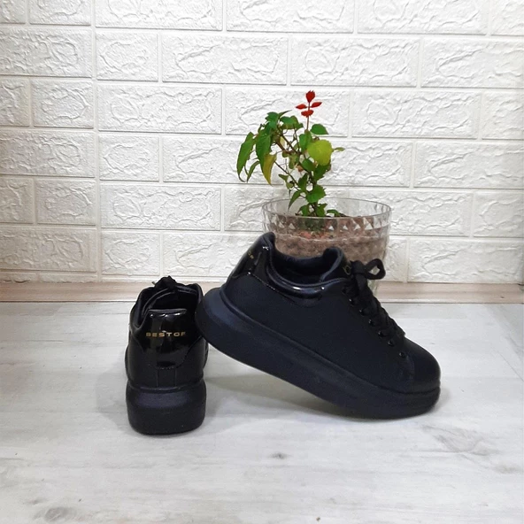 Bestof 150 Siyah-Siyah Fuspetli Sneaker Düz Taban Spor Ayakkabı - 7
